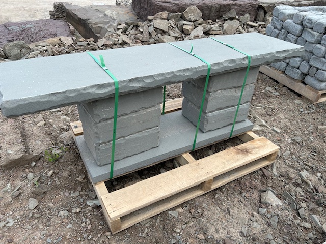 Lot 28: 1 Bluestone Bird Bath, 2 Thermal Rockfaced Bluestone Benches 2